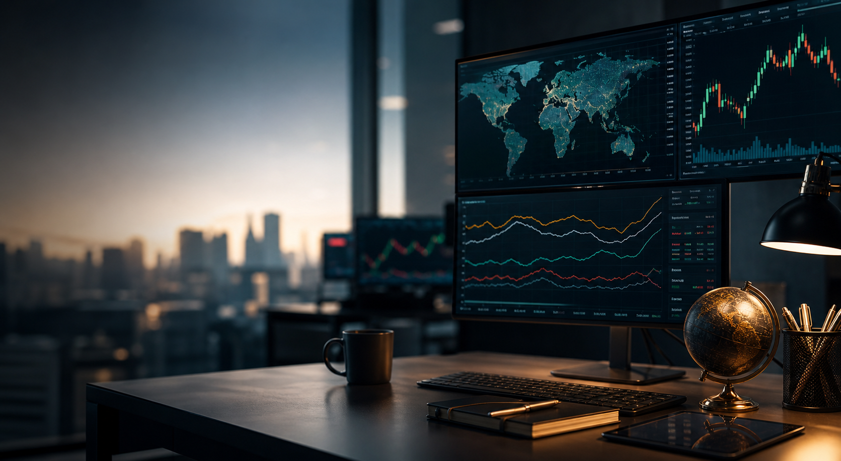Sala editorial com telas de mercado financeiro global