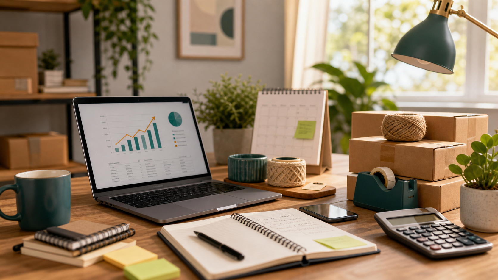 Espaço de trabalho para renda extra com notebook e planejamento