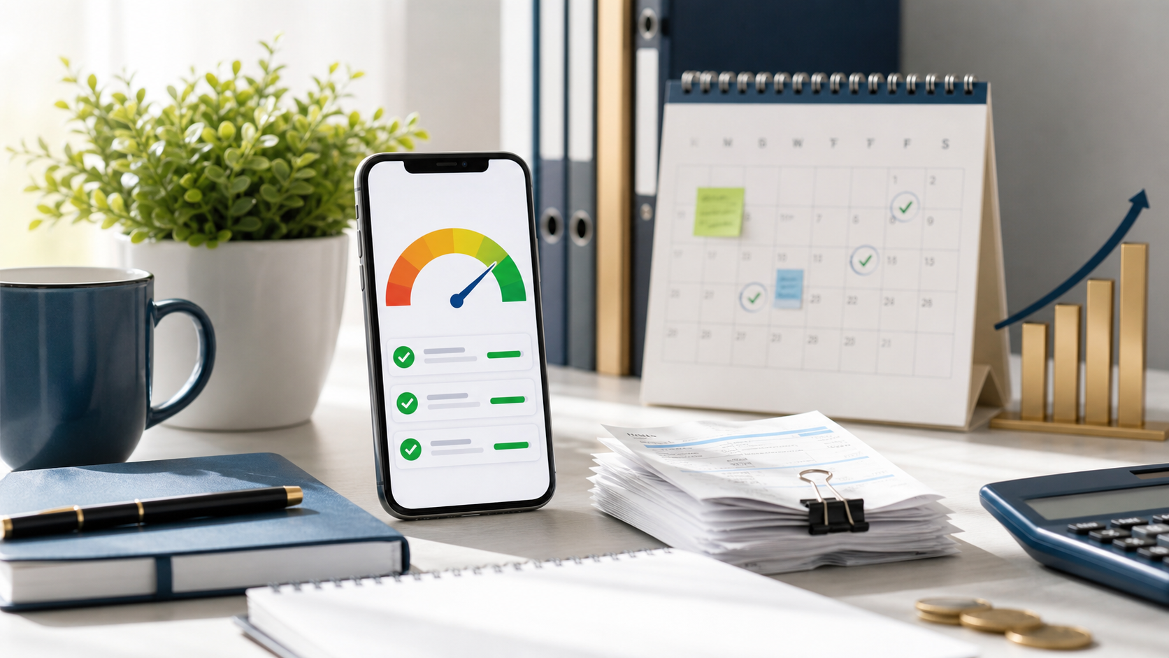 Mesa organizada com painel de score de crédito e contas pagas